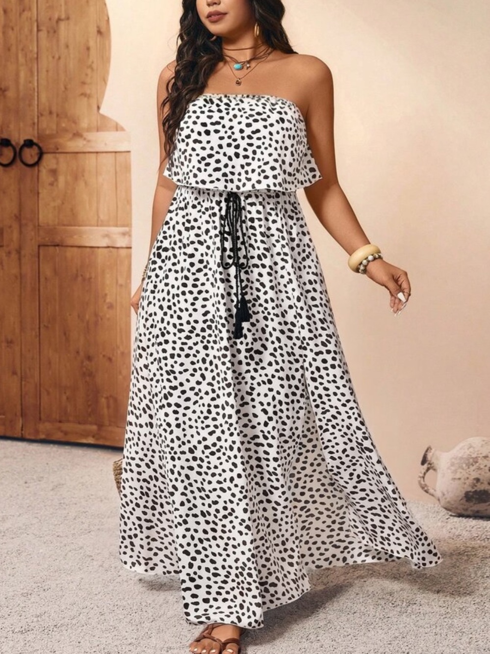 Boho Plus Size SLIT Strapless Black & White Print Maxi Dress